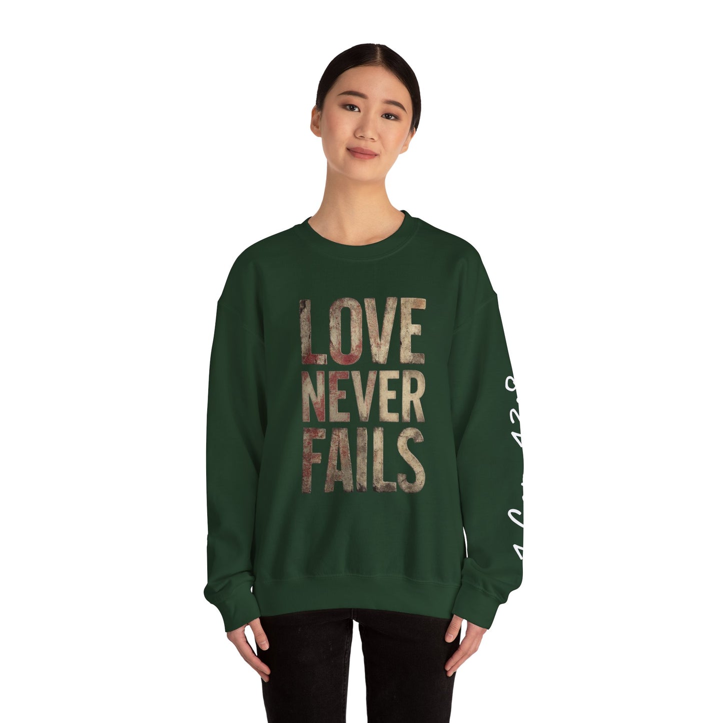 Love Never Fails Crewneck Sweatshirt | Unisex Gift, Couple's Apparel, Valentine's Day, Inspiring Fashion
